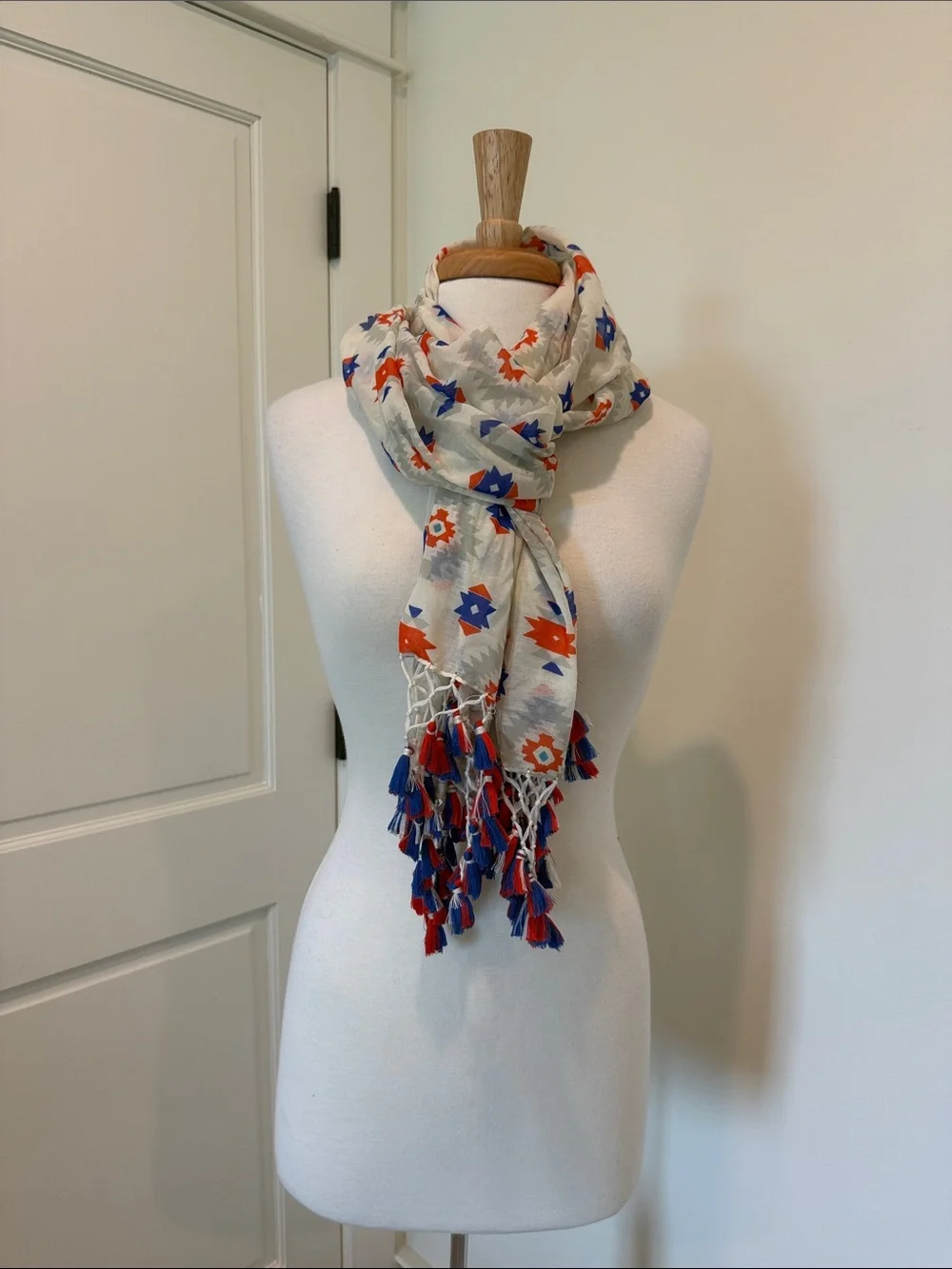 Light Cream Scarf with Red & Blue Star Motif - Unbranded
